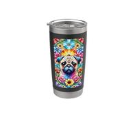 Perro Pug Floral Vitral Vaso térmico de acero inoxidable de doble pared