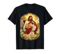 Perro Pug He Is Risen Resurrección de Pascua Derrotado Cruz Camiseta