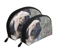 Perro Pug Impreso, Bolsa de Maquillaje de Concha, Monedero pequeño para Mujer, Bolsa de artículos de tocador, Bolsa de cosméticos, 2 Piezas