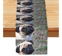 Perro Pug Impreso,Camino de Mesa de Lino sintético para el hogar, Fiestas, comedores, 33 x 183 cm