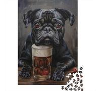 Perro Pug Negro Puzzle para Adultos Puzzle de 1000 Piezas Vaso de Cerveza Relajante Decorativo 52x38cm/1000pcs