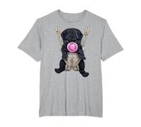 Perro Pug Negro soplando Chicle en portabebés Camiseta, Hombre Tallas Grandes, Gris Jaspeado, 2X Alto