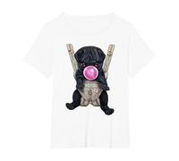 Perro Pug Negro soplando Chicle en portabebés Camiseta, Mujer Tallas Grandes, Blanco, 1XL Grande
