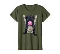 Perro Pug Negro soplando Chicle en portabebés Camiseta, Mujer, Verde Oliva, XS