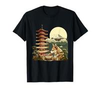 Perro Ramen Pagoda Tower Mount Fuji Moon Bonsai Tree Obra de arte Camiseta