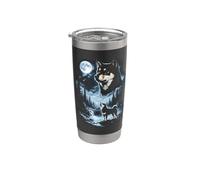 Perro retro de los 90 Shiba Inu aullando a la luna negro y tostado Vaso térmico de acero inoxidable de doble pared