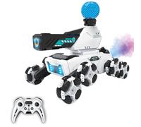 Perro robot teledirigido para niños - 2,4 GHz RC Stunt perro con 8 ruedas, recargable por USB, luz LED, música y efecto niebla, incluye 2 baterías, tiempo de reproducción de 60 minutos, regalo para