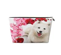 Perro Samoyedo Flores Rosadas, Bolsa de Maquillaje Bolsa de cosméticos Bolsa de artículos de tocador de Viaje portátil Bolsa de artículos de tocador