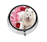 Perro samoyedo flores rosadas, pastillero, pastillero cuadrado para bolsillo o monedero, pastillero pequeño, organizador de pastillas de viaje