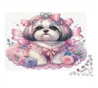 Perro Shih Tzu Adorable Puzzle de 1000 Piezas para Adultos Estilo Princesa Floral Papel Juego de Puzzle Relajante Decoración Regalo 52x38cm/1000pcs