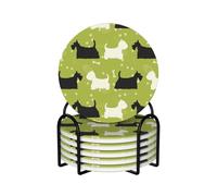 Perro Silueta Scottie Westie Tier,Posavasos Redondos de cerámica, Almohadilla para Tazas, Juego de 6 Posavasos para Bebidas