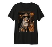 Perro Vaquero fumando cigarro en Bar Divertido Frontera Collie Camiseta Premium