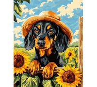 Perros Animales Kit Punto De Cruz Perro Salchicha Y Girasoles Kits De Punto De Cruz Diy Para Adultos Con Agujas，Tijeras Y Enhebrador，Preimpresos Para Decorar La Pared Del Hogar. 11CT 30x40cm
