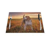 Perros Beagle en el césped paseando Mascotas Perros Puesta de Sol,Juego de 6 manteles Individuales Lavables de PVC para Mesa de Comedor, Resistentes al Calor, 30x45 cm.