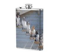 Perros Border Collie Shetland SheepDogs Alaskan,Frasco de acero inoxidable 304 de 8 oz con funda de cuero sintético, frasco de bolsillo para licor plano para exteriores