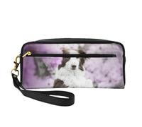 Perros de Primavera Border Collie marrón con Flores, Bolsa de Maquillaje Bolsa de cosméticos Bolsa de Aseo de Viaje portátil Estuche de Cuero para Mujeres y niñas