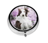 Perros de primavera Border Collie marrón con flores, Pastillero, Pastillero redondo Pequeño contenedor de pastillas Organizador de pastillas de viaje