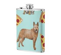 Perros pastores australianos, heelers azules y rojos y pizzas,Frasco de acero inoxidable 304 de 8 oz con funda de cuero sintético, frasco de bolsillo para licor plano para exteriores