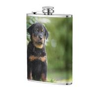 Perros pastores franceses Beauceron Cachorro negro Lindo,Frasco de acero inoxidable 304 de 8 oz con funda de cuero sintético, frasco de bolsillo para licor plano para exteriores