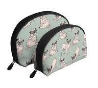 Perros Pug Sentados, Bolsa de Maquillaje de Concha, Monedero pequeño para Mujer, Bolsa de artículos de tocador, Bolsa de cosméticos, 2 Piezas