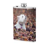 Perros Westie Bokeh West Highland White Terrier,Frasco de acero inoxidable 304 de 8 oz con funda de cuero sintético, frasco de bolsillo para licor plano para exteriores