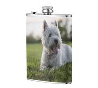 Perros Westie Lawn West Highland White Terrier,Frasco de acero inoxidable 304 de 8 oz con funda de cuero sintético, frasco de bolsillo para licor plano para exteriores
