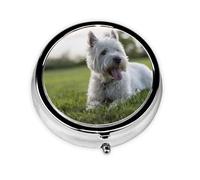 Perros Westie Lawn West Highland White Terrier, Pastillero, Pastillero redondo Pequeño contenedor de pastillas Organizador de pastillas de viaje