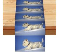 Perros Westie Winter West Highland White Terrier,Camino de Mesa de Lino sintético para el hogar, Fiestas, comedores, 33 x 183 cm