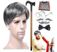 Perruque et Moustache de Grand-Père - Ensemble de perruques Old Man Accessoire dee Déguisement pour Vieillard, Carnaval ou Théâtre - Ensemble Cheveux Gris ett Faux Moustaches pours Adultes