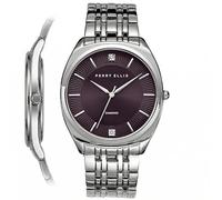 Perry Ellis Reloj de hombre ultra delgado con diamantes - Esfera azul oscuro con rayos solares, correa de aleación plateada, resistente al agua analógica, borgoña, plateado (Silver/burgundy)