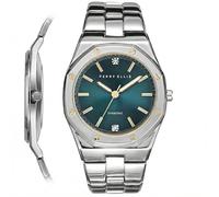 Perry Ellis Reloj de hombre ultra delgado con diamantes - Esfera octágono gris con rayos solares, correa de aleación plateada, analógica resistente al agua, Plateado/Verde azulado