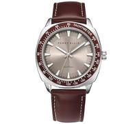 Perry Ellis Reloj de pulsera analógico de cuero vegano para hombre, resistente al agua, 43 mm con bisel taquímetro de aluminio, elegante opción de regalo, Azul, 43