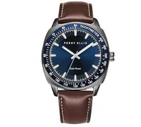 Perry Ellis Reloj de pulsera analógico de cuero vegano para hombre, resistente al agua, 43 mm con bisel taquímetro de aluminio, elegante opción de regalo, Borgoña, 43
