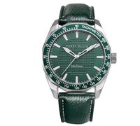 Perry Ellis Reloj de pulsera analógico de cuero vegano resistente al agua para hombre con energía solar, caja de 42 mm, bisel taquímetro de aluminio, regalo elegante para hombre, Verde, Vestido