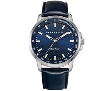 Perry Ellis Reloj de pulsera analógico de cuero vegano resistente al agua para hombre con energía solar, caja de 43 mm, bisel taquímetro de aluminio, regalo elegante para hombre, Azul marino, Vestido
