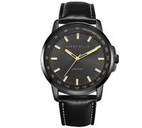Perry Ellis Reloj de Pulsera analógico de Cuero Vegano Resistente al Agua para Hombre con energía Solar, Caja de 43 mm, Bisel taquímetro de Aluminio, Regalo Elegante para Hombre, Negro, Vestido