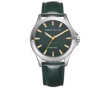 Perry Ellis Reloj de pulsera analógico de cuero vegano resistente al agua para hombre con energía solar, caja de 41 mm, relojes para hombre, regalo elegante para hombre, Verde