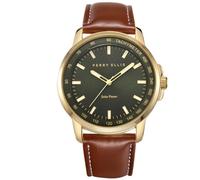 Perry Ellis Reloj de Pulsera analógico de Cuero Vegano Resistente al Agua para Hombre con energía Solar, Caja de 43 mm, Bisel taquímetro de Aluminio, Regalo Elegante para Hombre, Dorado, Vestido