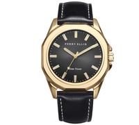 Perry Ellis Reloj de pulsera analógico de cuero vegano resistente al agua para hombre con energía solar, caja de 42 mm, relojes para hombre, regalo elegante para hombre, Dorado, Vestido