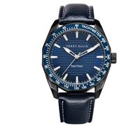Perry Ellis Reloj de pulsera analógico de cuero vegano resistente al agua para hombre con energía solar, caja de 42 mm, bisel taquímetro de aluminio, regalo elegante para hombre, marino, Vestido