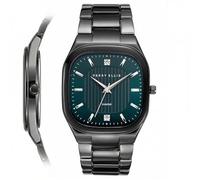 Perry Ellis Reloj para hombre - Caja de pistola de luz acolchada de 40 mm, esfera central de prensa hidráulica azul turquesa con acabado de rayos solares, dos detalles de diamante de 0.9 mm, índices