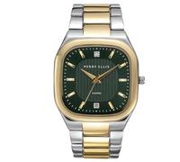 Perry Ellis Reloj para hombre - Cojín de dos tonos plateado dorado, esfera verde de rayos solares con detalles de diamante, índices dorados facetados, pulsera elástica, accesorio de moda analógico de