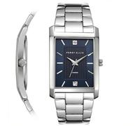 Perry Ellis Reloj para hombre - Esfera rectangular plateada con textura azul oscuro con detalles de diamante, índices facetados plateados, pulsera elástica, accesorio de moda analógico de cuarzo