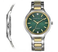 Perry Ellis Reloj para hombre - Redondo de dos tonos plateado dorado, esfera verde oscuro con detalles de diamante, índices de oro facetados, pulsera elástica, accesorio de moda analógico de cuarzo