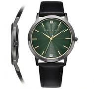 Perry Ellis Reloj para hombre ultra delgado con diamantes - Esfera azul redonda, correa de piel plateada, resistente al agua, analógico