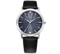 Perry Ellis Reloj para hombre ultra delgado con diamantes - Esfera azul redonda, correa de piel plateada, resistente al agua, analógico
