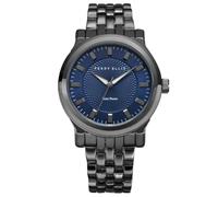 Perry Ellis Reloj solar para hombre, esfera azul, correa de aleación de plomizo, resistente al agua, analógico