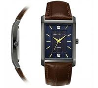 Perry Ellis Reloj ultra delgado para hombre, rectangular, color plomizo, esfera texturizada azul oscuro con detalles de diamante, índices facetados dorados, correa de cuero marrón ajustable, accesorio