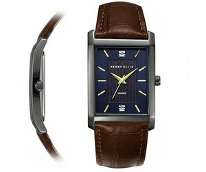 Perry Ellis Reloj ultra delgado para hombre, rectangular, color plomizo, esfera texturizada azul oscuro con detalles de diamante, índices facetados dorados, correa de cuero marrón ajustable, accesorio