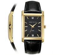 Perry Ellis Reloj ultra delgado para hombre, rectangular, tono dorado, esfera negra texturizada con detalles de diamante, índices facetados dorados, correa de cuero negro ajustable, accesorio de moda